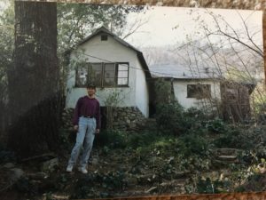 Laurel Canyon days, in front of a little vintage hunting cabin, my home for several years. 